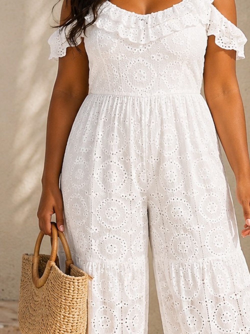 Fashion Nova White Eyelet Cold-Shoulder Wide-Leg Jumpsuit Ptp 16” - Picture 2 of 7
